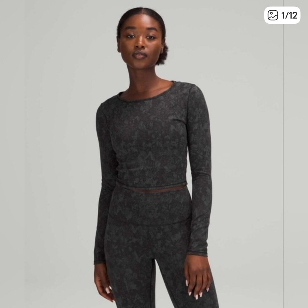 Lululemon Wunder Train Cropped Long Sleeve Shirt Hideaway Camo Deep Coal Multi